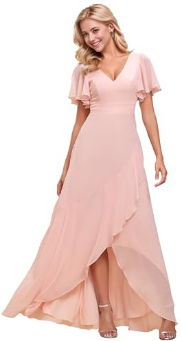 Ever-Pretty Robe de Bal Femme Longue Asymétrique Manches Courtes Col V Fendue Fluide Chic Rose Clair 48