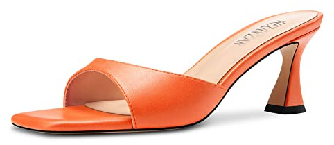 HEUIVZAR Femmes Mi Kitten Talon Heel Ouvert Carré Bout Mules Chaussures Slip-on Bureau Party Cute 6.5 CM Heels Orange 35 EU