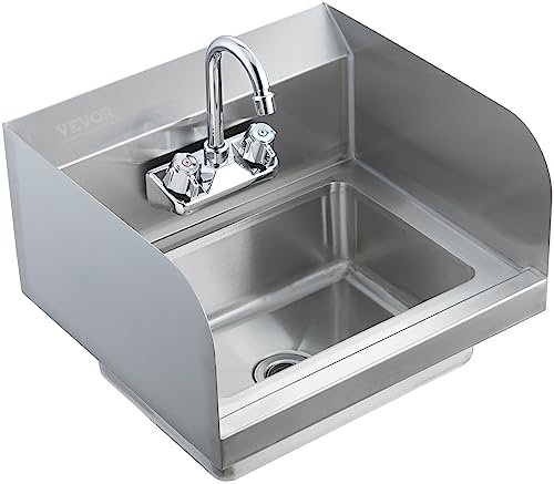 VEVOR Lave-Mains avec Robinet et Dosseret Latéral Lavabo Mural ou Encastrable 432 x 381 x 330 mm Évier en Acier Inoxydable sans Fuite pour Restaurant Salle de Bain Toilette WC Cuisine Bar Garage