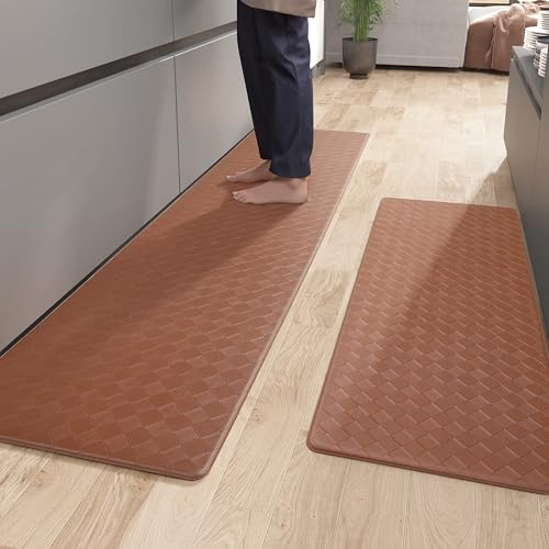 Color&Geometry Anti Fatiga Almohadillada Alfombras de Cocina Conjunto 45x75+44x150cm, Fácil Limpieza, Antideslizante, Impermeable y Aceite a Prueba de Alfombra de Piso de Cocina, Marrón