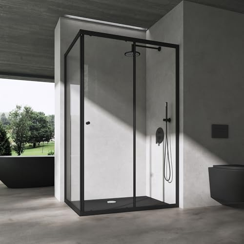 doporro Cabine de Douche en Angle Montage Réversible Porte Coulissante Profilés Noir Verre de Sécurité Transparent 6mm 90x140x190 cm Ravenna16L K