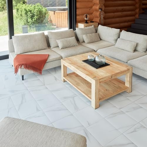 Vinyl Floor Tiles Self Adhesive - 40 Pack Covering 40 sqf (3.72 sqm) - Waterproof White Peel and Stick Tile Size 12x12In (30.5 x 30.5cm) - Stick On Flooring for Hallway, Kitchen - Marble Effect