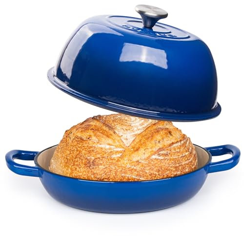Casseruola in Ghisa Smaltata con Coperchio – Forno Olandese per Pane e Lievitati – Pentola in Ghisa per Cottura del Pane – Blu Scuro, 5.68 Litri, 22cm – by Nuovva