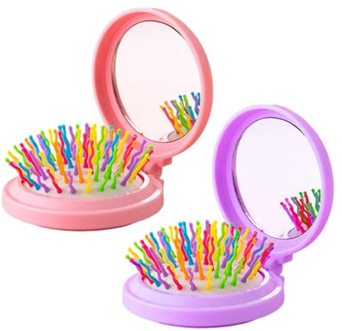 2 Stück Faltbare Haarbürsten mit Reise Spiegel,BEPSYOM Runde Tragbare Mini-Haarbürste reisebürste Taschenspiegel Klappbar reisehaarbürste Haarmassagekamm für Männer Mädchen Frauen(Rosa + Lila)