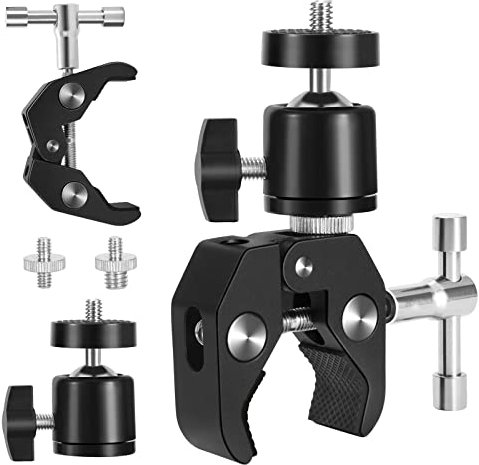 Super Clamp de Cámara, Súper Abrazadera con Mini Rotula, Ajustable Montaje de Cabeza Esférica con Adaptador de Tornillo 1/4 y 3/8, Clamp Soporte para Monitor LCD/DV, Flash LED, Micrófono