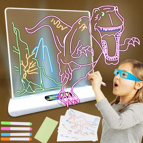 Bloc à dessin LED pour enfants - Planche à dessin lumineuse avec lunettes 3D et stylos magiques fluorescents - Veilleuse dinosaure réutilisable - Tableau de dessin magique pour enfants