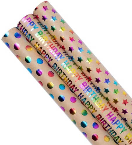 3 rollos de papel para envolver regalos de cumpleaños, 43 cm x 3 m, reciclable, con estampado de lunares y estrellas Feliz Cumpleaños, ideal para cumpleaños, fiestas, bodas y festivales