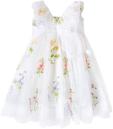 Miipat Klänning för bebis, flicka, tyll, fjäril, ung, barn, flicka, sommar, ärmlös, broderad, blomma, prinsessa, bröllopsfest, födelsedagsfest, klänningar för flickor, Vitt och blått, 5-6 ans