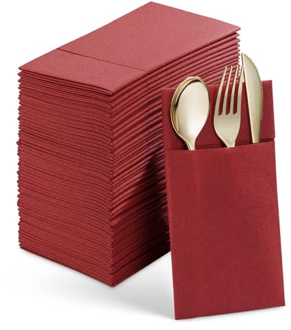 Pqahffowr - Servilletas de papel desechables con bolsillo para cubiertos integrado, 50 piezas, tela preplegada como servilletas de papel para fiesta de boda, color rojo