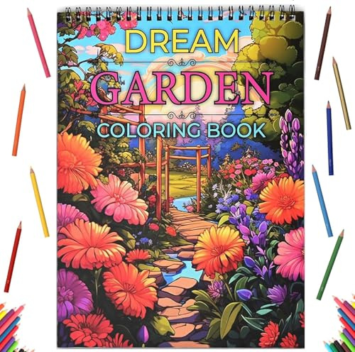 Atoke Livre de coloriage pour adultes, livres de coloriage à spirale pour femme, soulagement de l'anxiété, jardin de rêve de 30 pages, cadeau pour femme pour anniversaire, fête des mères, Noël et