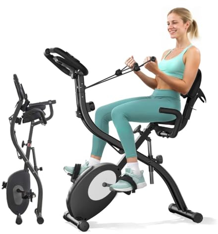 Cyclette magnetica pieghevole Resistenza magnetica a 8 livelli, Bike stazionaria da interno Con schienale, supporto per tablet e fasce di resistenza, Capacità 150 kg