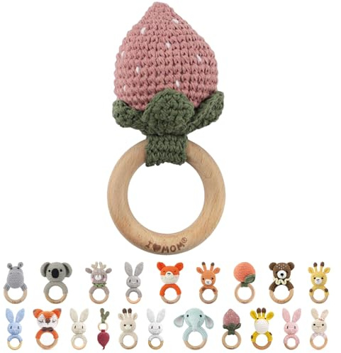I LOVE MOM Hochet pour bébé - Anneau de dentition en bois crocheté - Jouet en bois avec son - Cadeau pour nouveau-né garçon et fille - Cadeau de naissance