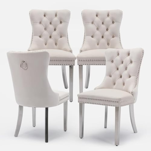 HomeTouch Luxury Velvet Kitchen Dining Chairs Set of 4 Upholstered Knocker Wing Back Chairs with Chrome Steel Legs for Dining Room, Home Office Hand Made (4, Beige Silver)