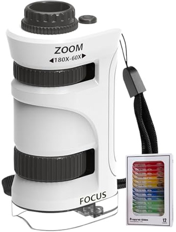 Microscopio infantil – Microscopio profesional de aumento con zoom de 60 a 80x y juego de 12 piezas con portaobjetos preparados, juego educativo y científico de juguete | Escuela preescolar