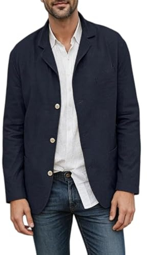 HUIANGLIYG Giacca Sportiva da Uomo in Forma di Lino Casual Notch con Bavero Giacca Estiva Camicia Estiva Leggera e Traspirante Camicia Esterna A Taglio Largo con Tasche per L'Uso Quotidiano Blu Navy
