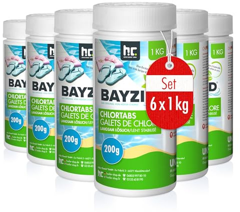 Bayzid Galets de Chlore Lent 6 x 1 kg - Traitement Piscine et Bassin | Haute Teneur en Chlore (200 g) - Désinfection Longue Durée - Eau Claire et Saine - Dissolution Lente et Régulière