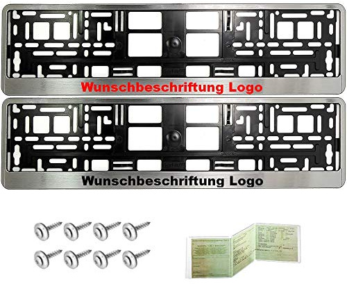 2 Stück Kennzeichenhalter Chrom GEBÜRSTET mit Wunschtext Beschriftung Werbung.