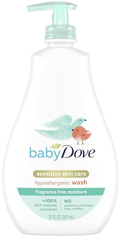 Baby Dove Sensitive Skin Care Baby Wash Fragrance Free Moisture For Baby Bath Time Fragrance Free and Hypoallergenic, Washes Away Bacteria 20 oz