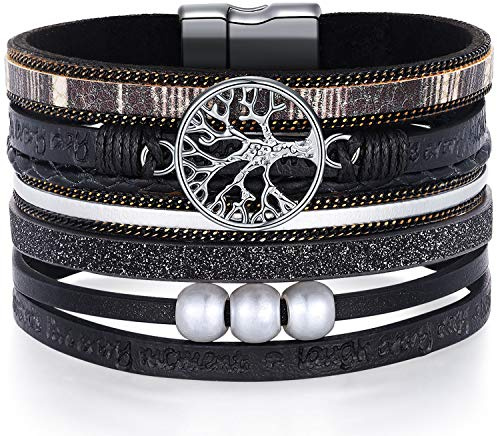 Desimtion Black Wrap Leather Bracelets for Women Boho Layered Stacking Wide Buckle Family Tree of Life Bracelets for Women Mom Teen Girls Grandma