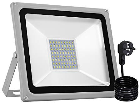 papasbox LED Strahler, 50W LED Fluter IP65 wasserdicht Außenstrahler Flutlichtstrahler Aluminium Scheinwerfer Licht Kaltweiß 6000K, EU Stecker, ideale Wandleuchte für Garten, Sportplatz