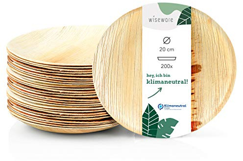 Wiseware Piatti in foglia di palma, 200 pezzi, piatti usa e getta, rotondi, Ø 20 cm, stoviglie biodegradabili in foglia di palma, stoviglie compostabili, stoviglie monouso biologiche