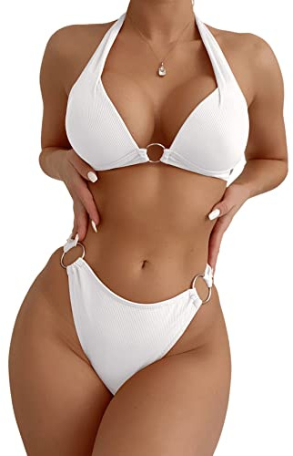SweatyRocks Women's Ring Linked Halter Push Up Bikini Swimsuit High Stretch Bathing Suit Swimwear Set Swimming Suit Two Piece White M