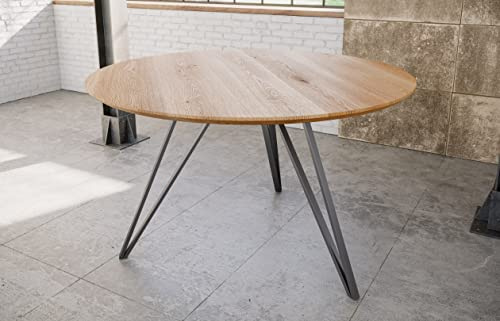 SAM Runder Esstisch 100 cm Dream, Eichenholz geölt, Esszimmertisch mit Schweizer Kante, Hairpin-Gestell Eisen Silber, massiver Holztisch, Tischplatte 26mm