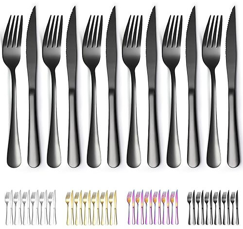 Evanda Ensemble de couteaux à steak noir 12 pièces, placage titane noir en acier inoxydable 6 fourchettes à dîner et 6 ensembles de couteaux de dîner, couteaux à steak fourchettes à steak