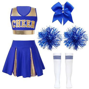 TTAO Mädchen Cheerleading Kostüm Cheer Leader Outfit Ärmellos Top und Rock mit Pompons Karneval Fasching Party Kostüm Blau B 146-152