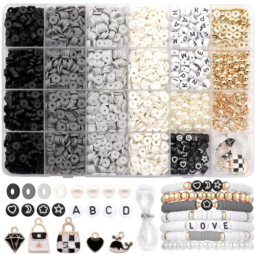 Dotilili 3164 stycken svarta polymerlerpärlor set, 6 mm Heishi pärlor att trä på armband gör-det-själv set med bokstäver hängen pärlset för armband halsband örhängen smycken (svart)