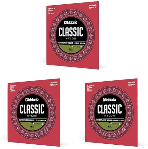 D'Addario Gitarrensaiten Konzertgitarre | Nylon Gitarren Saiten | Nylonsaiten | DER BELIEBTESTEN SAITENMARKE WELTWEIT | EJ27N 1/2 | Nylon | Normal Tension | für 1/2 Gitarren (Packung mit 3)