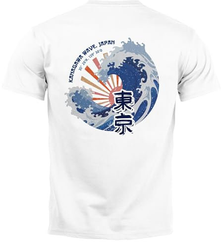 Neverless® Backprint T-Shirt Herren Welle Kanagawa Japan Schriftzeichen Printshirt Brustlogo Sommer Fashion weiß M
