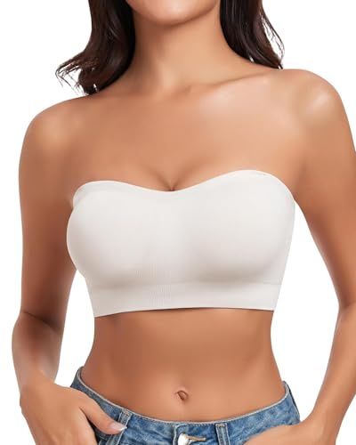WOWENY Strapless Bandeau Bra Padded for Women Seamless Non Wired Bralette Boob Tube Non-Slip Silicone Bras with Transparent Straps