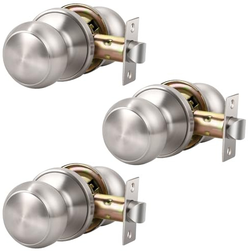 KNOBWELL 3 Pack Passage Door Knob Brushed Nickel,Round Door knob for Hall and Closet Door Knobs, Non-Locking Round Door Handle, Satin Nickel Interior Door Knob, Keyless Stainless Steel Passage Knobs