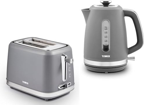 Tower Odyssey Grey 1.7L Kettle & 2 Slice Toaster. Matching Kettle & Toaster Set in Grey with Chrome Accents