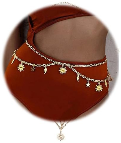 VFUN Women's Gold Chain Belt, Moon Star Metal Waist Chain, Multi-Layered Metal Waist Chain, Adjustable Metal Body Chain, Hip Chain For Dress, Jeans