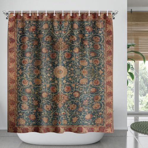 Fchen art Boho duschdraperier, William Morris konst retro design blommor träd mönster tryckta duschdraperier, Nouveau blommor hem badrum badkar dekor tvättbart hållbart tyg, 180 x 180 cm