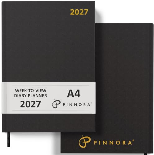 Pinnora 2027 Diary A4 Week to View, Black Year Planner Organiser 2027 Week To View, 2027 Planner, Home, School & Office, Hard Back 2027 Diaries, A5 & A4 2027 Diary in Day Per Page & Week To View