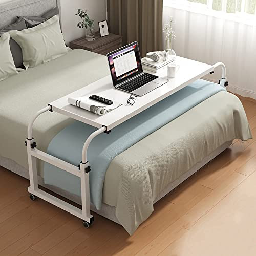 Table de lit réglable en hauteur avec roulettes - Bureau médical à roulettes pour lit jumeau/double/grand lit/king size - Station de travail debout avec plateau alimentaire - Blanc