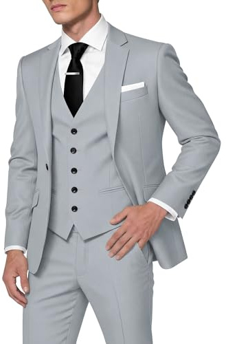 HUUTOE Costume 3 pièces pour homme, coupe ajustée, robe de mariage, blazer, veste, pantalon, smoking, gris argenté, Taille 3XL