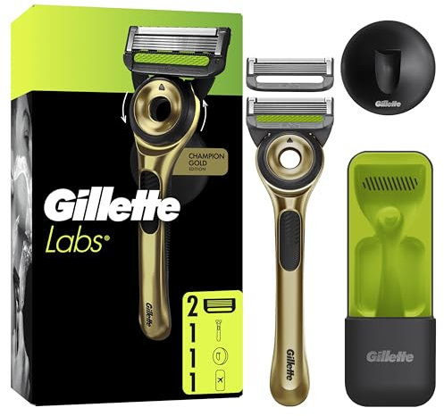 GilletteLabs With Exfoliating Bar, Razor For Men Champion Gold Edition, 1 Handle - 2 Blades, Includes Travel Case for Convenient Storage On The Go and Wall Hanger for Easy Storage in the Bathroom