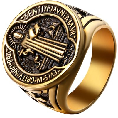 Flongo Saint Benedict Sigillring för män: Guld silver religiös ring amulett helig benedict rostfritt stål katolskt kors exorcism ring rund retro band ring gåva ringstorlek från 57 till 71