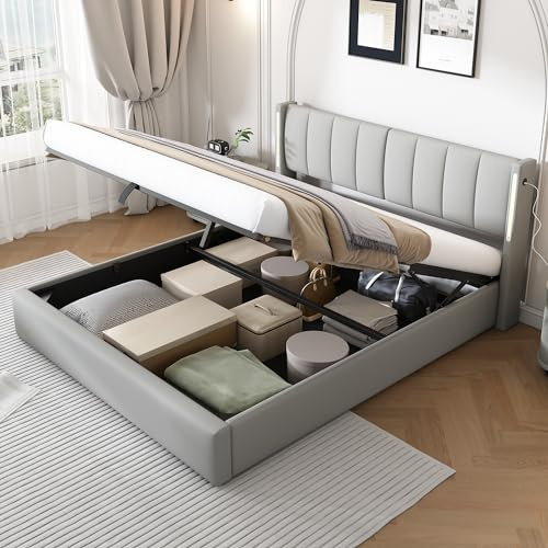 Fppuueg Cama Tapizada de 160x200 cm con Cabecero LED Inclinable y USB, Estructura de Cama Doble con Soporte de Láminas de Madera y Almacenamiento Hidráulica, Somier Metálico, PU, Gris, Sin Colchon