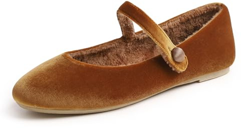 Feversole Women's Mary Jane Fashion，Femmes élégantes Chaussures décontractées Ballerines Fond Mou Confortable Marche Quotidienne Velours Camel doublé de Fourrure Taille 42