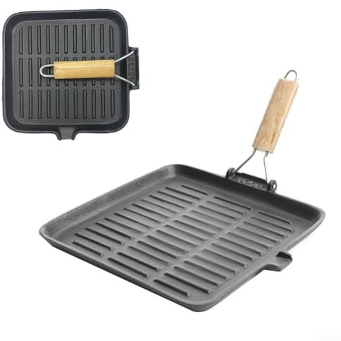 Padella per bistecca in ghisa, 28 cm, quadrata, con manico pieghevole, beccuccio e design a strisce, per preparare i pasti
