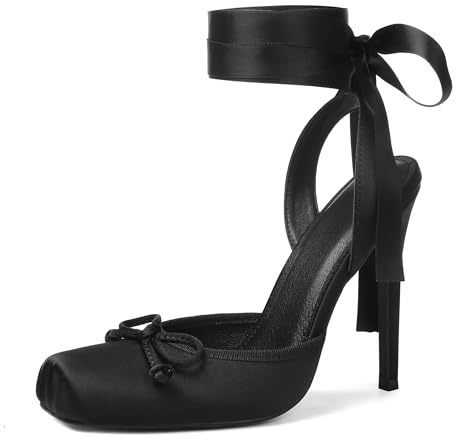 Celbreez Ballet Heels Satin Stiletto Heels for Women Close Square Toe Slingback Bow Lace Up High Nude Heel Women's Pumps Strappy Mary Jane Ballerina Heel Party Wedding Cute Shoes, Black, 4 UK