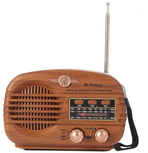 Fangxuee AM FM Bluetooth Radio Retro Transistor Transistor Batteria Portatile Operata USB Player Wood