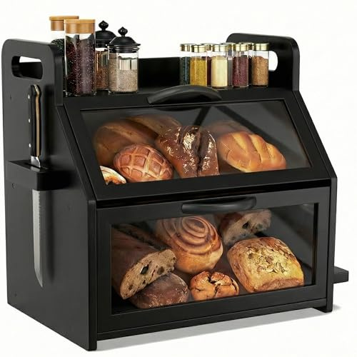 BAMBANG Extra Large Bread Box, Double Layer Bread Box for Homemade Bread, Bamboo Wooden Bread Storage Container with Tool Holder & Handles & Window, Assembly Required(38 x 28 x 40cm) Black