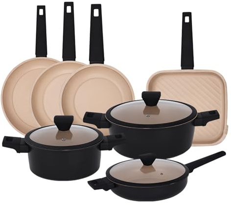 Gr8 Home Casamema Forged 10 Piece Black Marble Carbon Steel Cookware Set Non Stick Cooking Pot Frying Grill Pan Saucepan Kitchenware with Lids