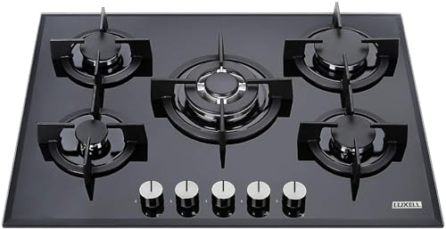Piano Cottura a Gas 75 cm, 5 Fuochi, Vetro Temperato Nero, Griglie in Ghisa, Accensione Automatica, Bruciatore Wok 3500W, Metano e GPL